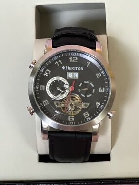 RARE Heritor Men's Black Dial Automatic Leather Strap Watch with Open Heart